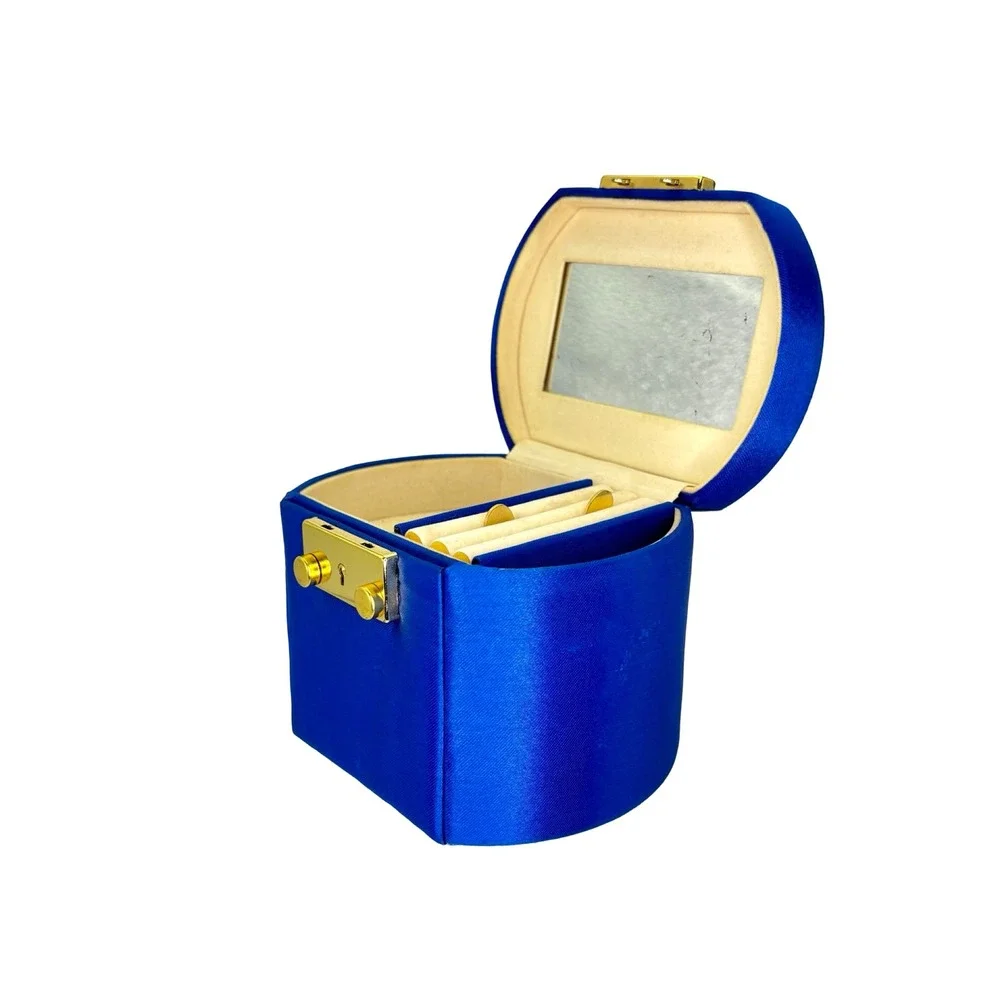 Vintage Blue Travel Jewelry Box Case w/ Mirror Drawers‎ & Keys Gold Hardware